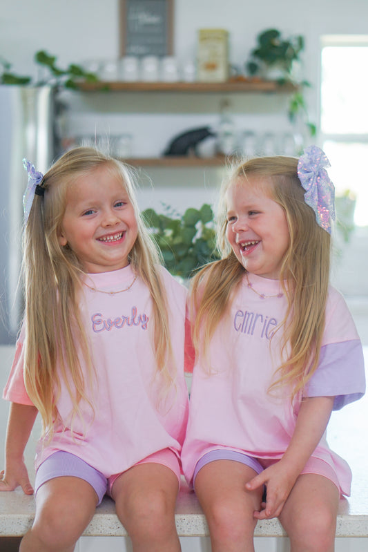 PRESALE Colorblock Oversized Tee or Biker Set - Pink & Purple *mid-July