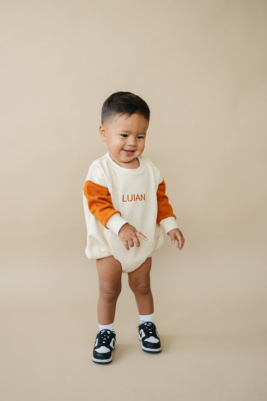 Colorblock Sweatshirt Romper - Cream & Orange (Fall/Halloween)