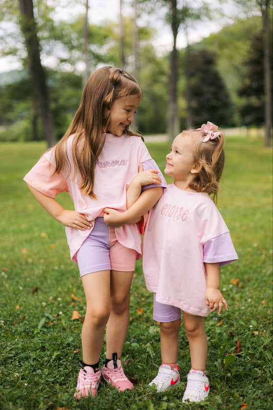 Colorblock T-Shirt Romper or Oversized Tee & Biker Set - Pink & Purple