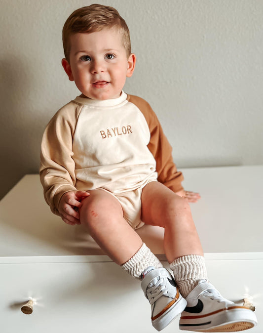 Custom Embroidered Colorblock Sweatshirt Romper - more colors - Little Joy Co.