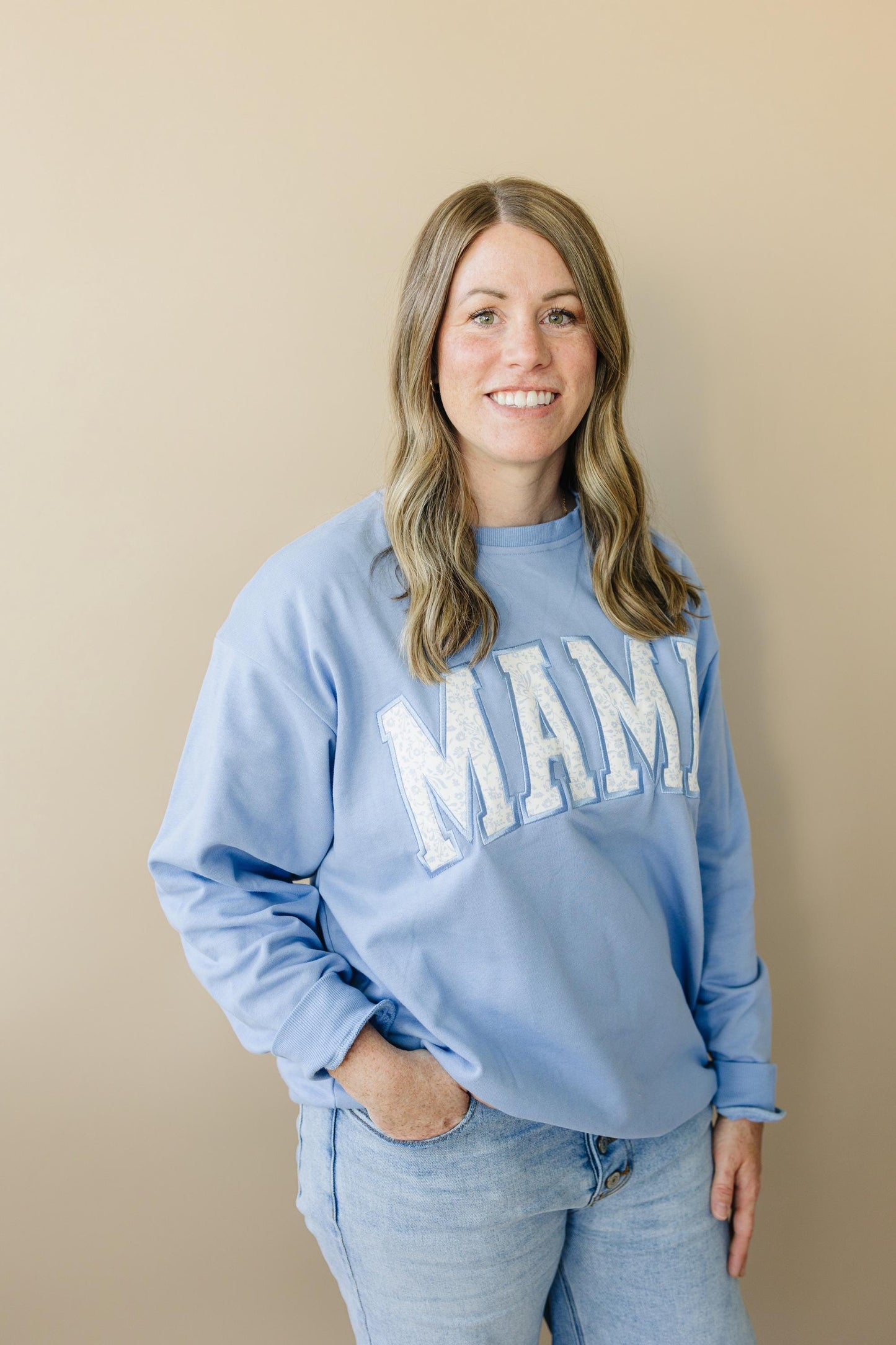 MAMA Applique Crewneck Sweatshirt - Blue Toile Print