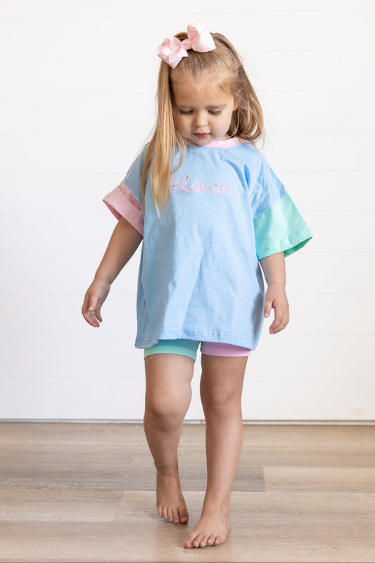 Colorblock Oversized Tee w/Optional Biker Shorts Set - Blue Pastel