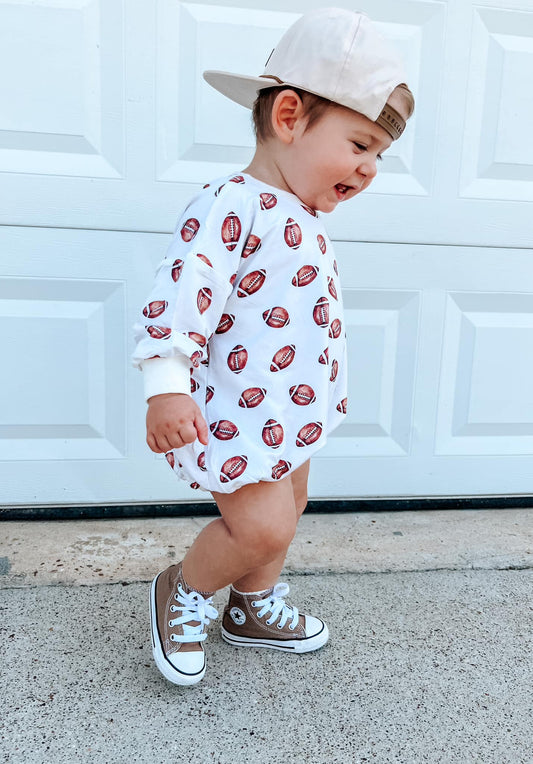 GAMEDAY PRESALE Football Print Bamboo Sweatshirt Bubble Romper *Early August