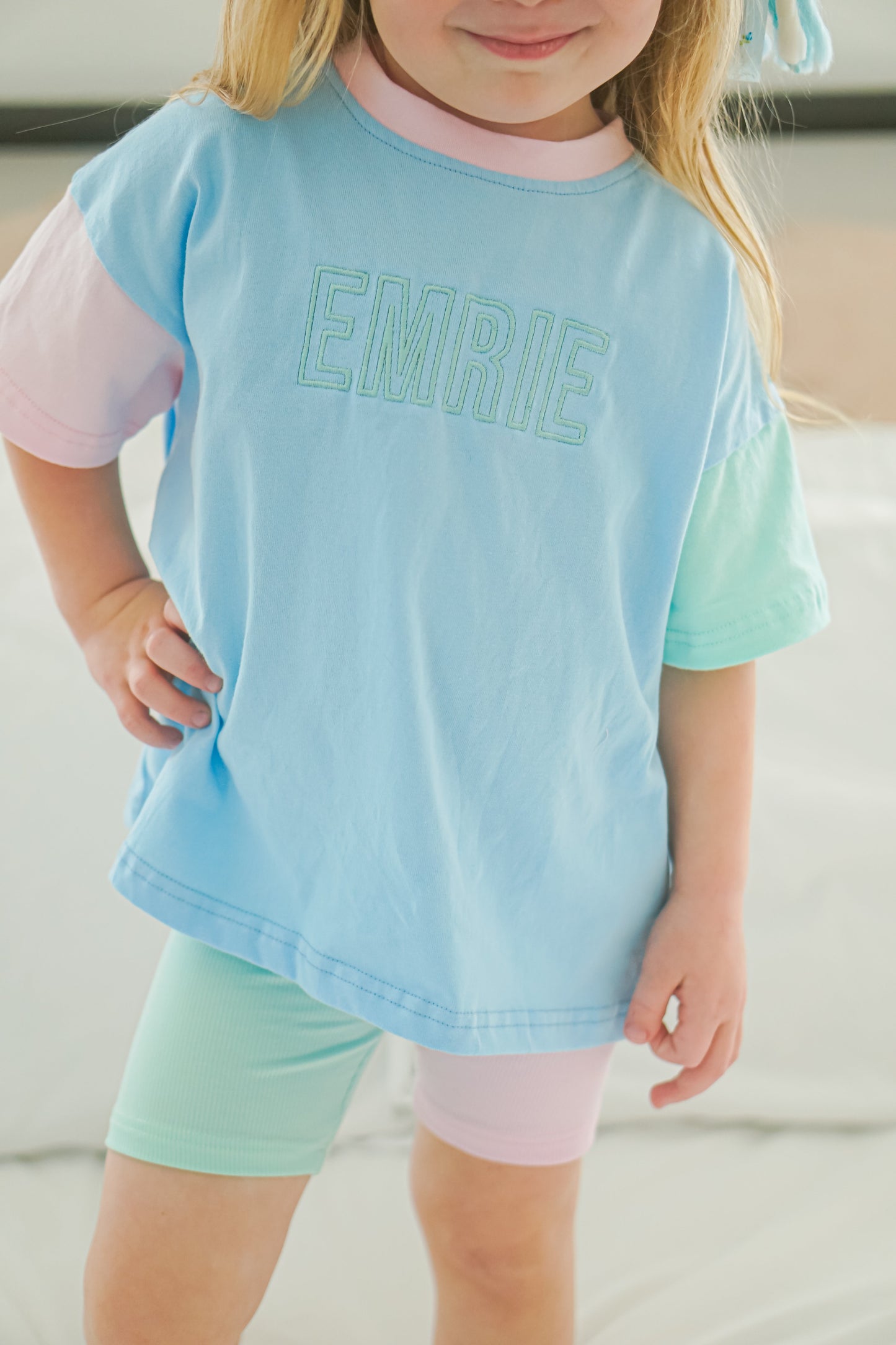 Colorblock Oversized Tee w/Optional Biker Shorts Set - Blue Pastel