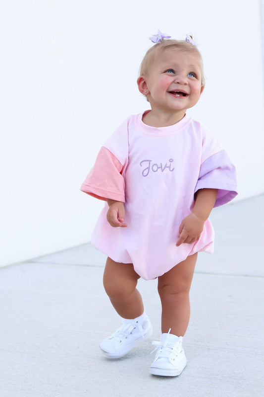 Colorblock T-Shirt Romper or Oversized Tee & Biker Set - Pink & Purple