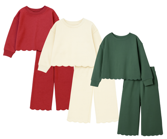 Girls Christmas Scalloped Set - Red, Cream, Green or Brown