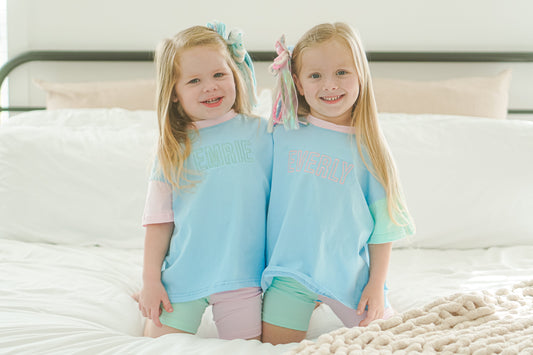 Colorblock Oversized Tee w/Optional Biker Shorts Set - Blue Pastel