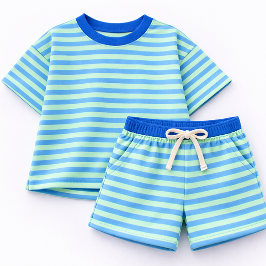 PRESALE Organic Cotton Striped Shorts Set - Blue & Green *end of July