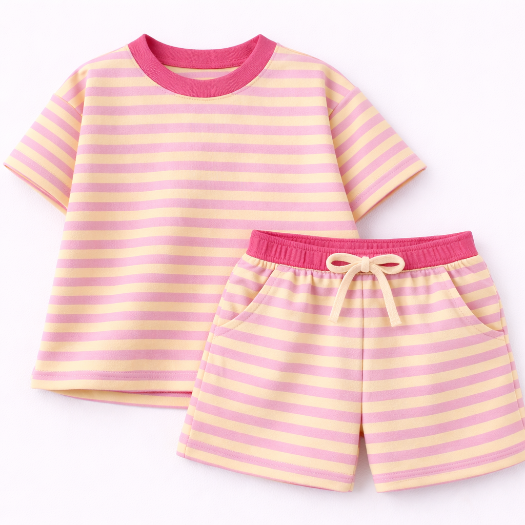 PRESALE Organic Cotton Striped Shorts Set - Pink & Yellow *end of July
