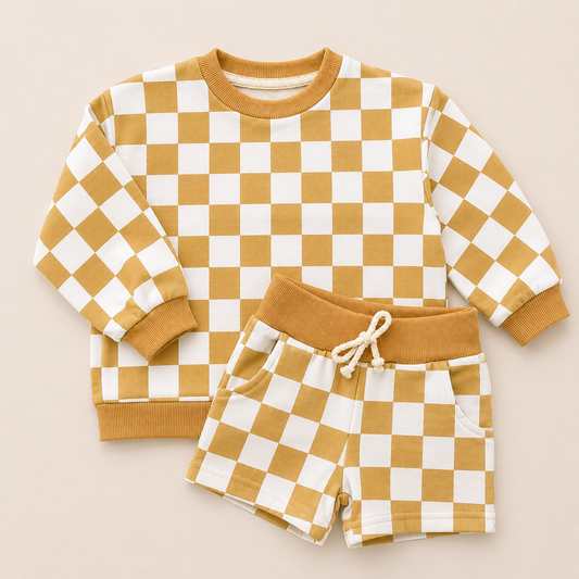 Gold Checker Organic Cotton Sweatshirt - Crewneck, Bubble Romper & Shorts Option