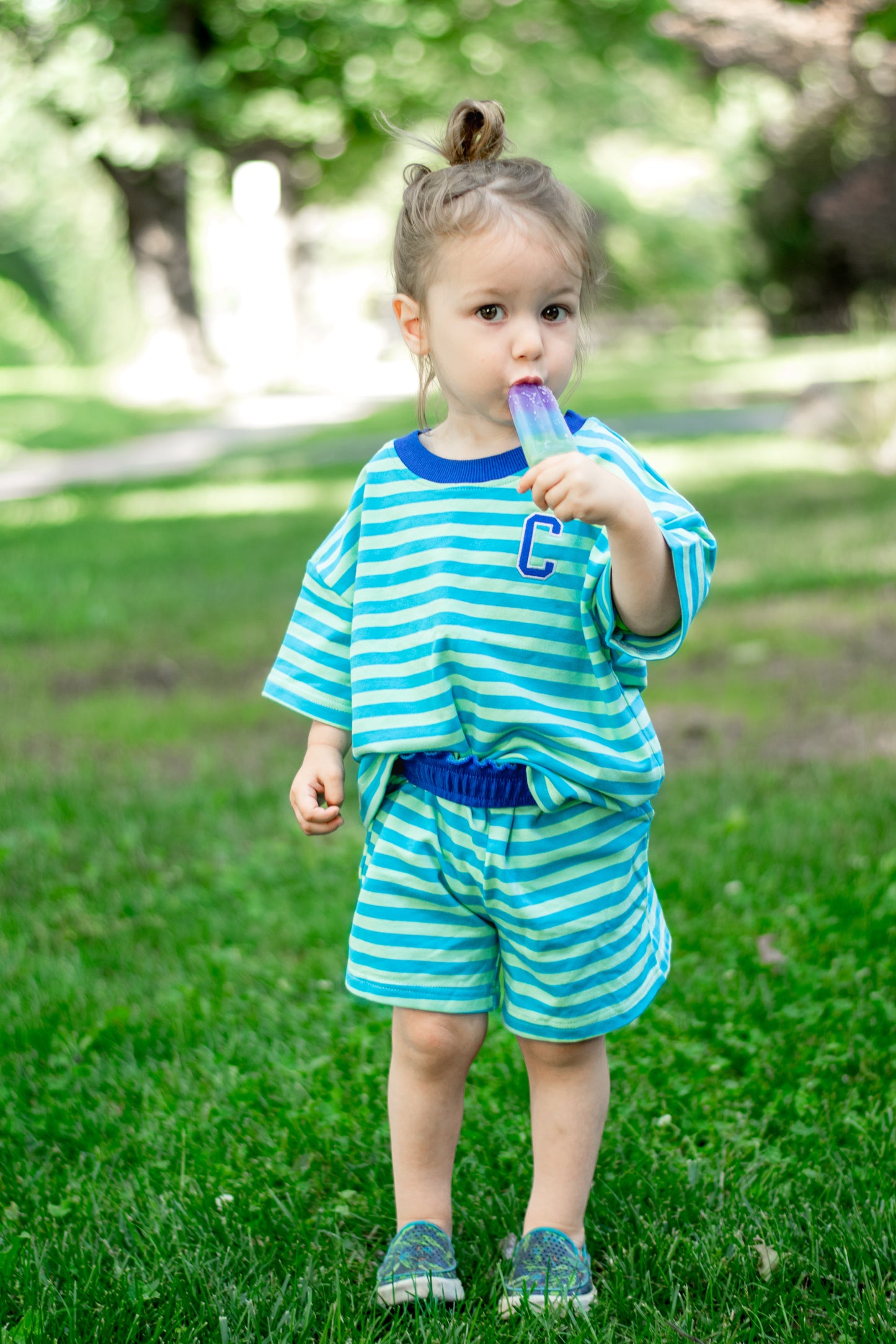 PRESALE Organic Cotton Striped Shorts Set - Blue & Green *end of July