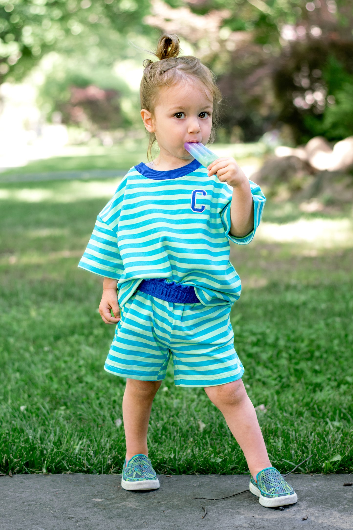 PRESALE Organic Cotton Striped Shorts Set - Blue & Green *end of July