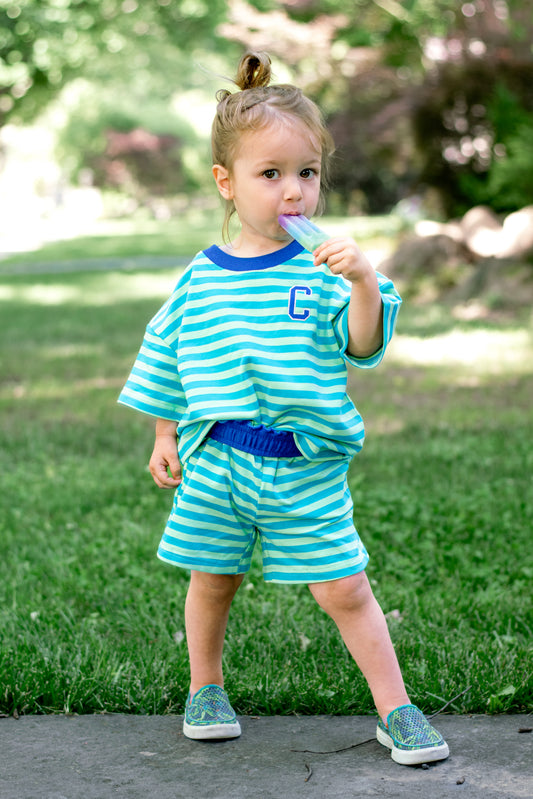 PRESALE Organic Cotton Striped Shorts Set - Blue & Green *end of July