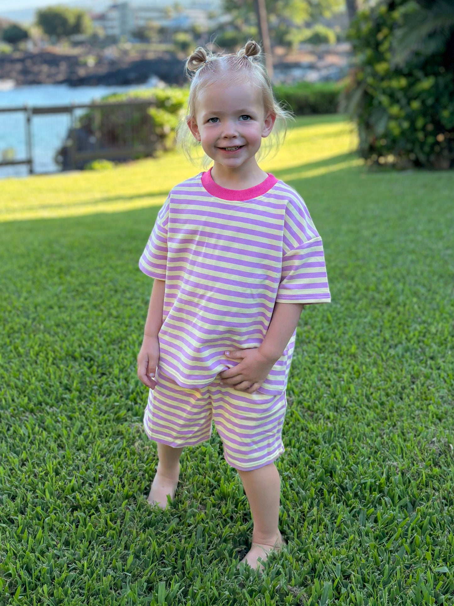 PRESALE Organic Cotton Striped Shorts Set - Pink & Yellow *end of July