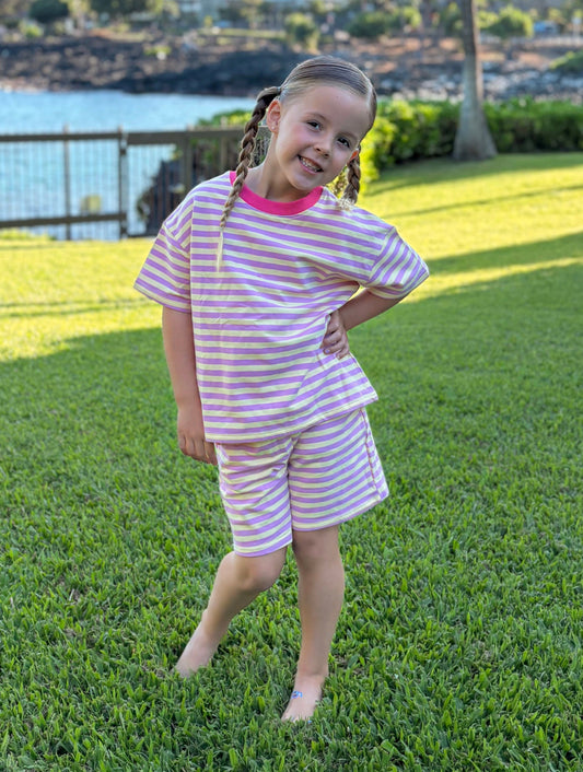 PRESALE Organic Cotton Striped Shorts Set - Pink & Yellow *end of July