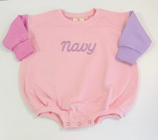 Colorblock Sweatshirt Romper - Pink & Purple