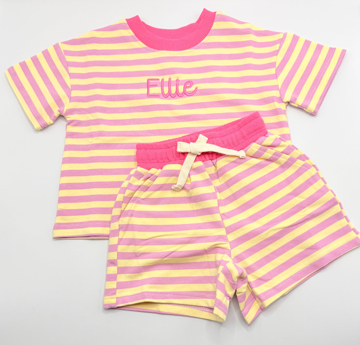 PRESALE Organic Cotton Striped Shorts Set - Pink & Yellow *end of July