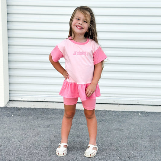 Colorblock Peplum Tee and Biker Shorts Set