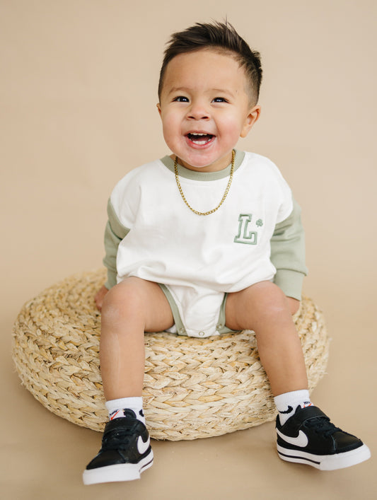 Colorblock Sweatshirt Romper - Sage & White