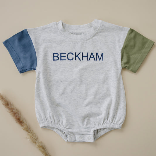 Organic Cotton Colorblock T-Shirt Romper - Gray, Blue & Green