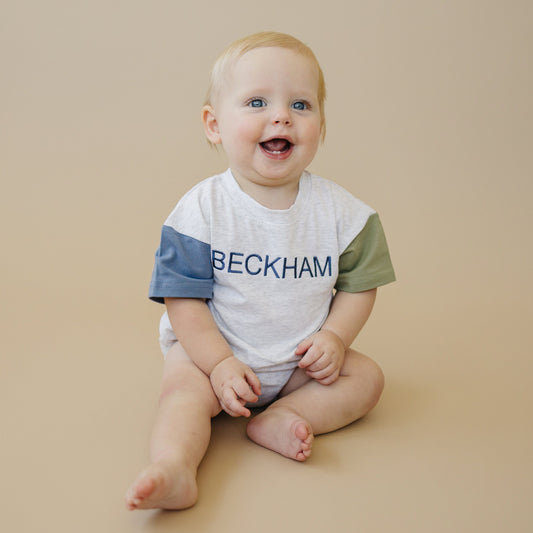 Organic Cotton Colorblock T-Shirt Romper - Gray, Blue & Green