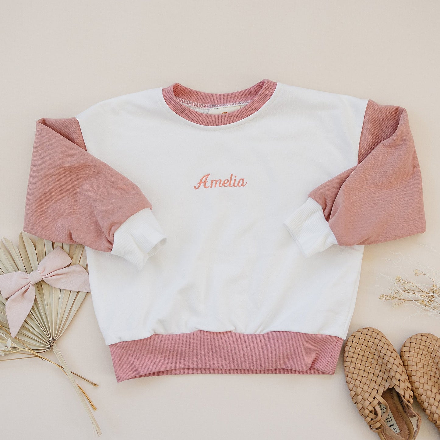 Colorblock Crewneck Sweatshirt - White & Pink
