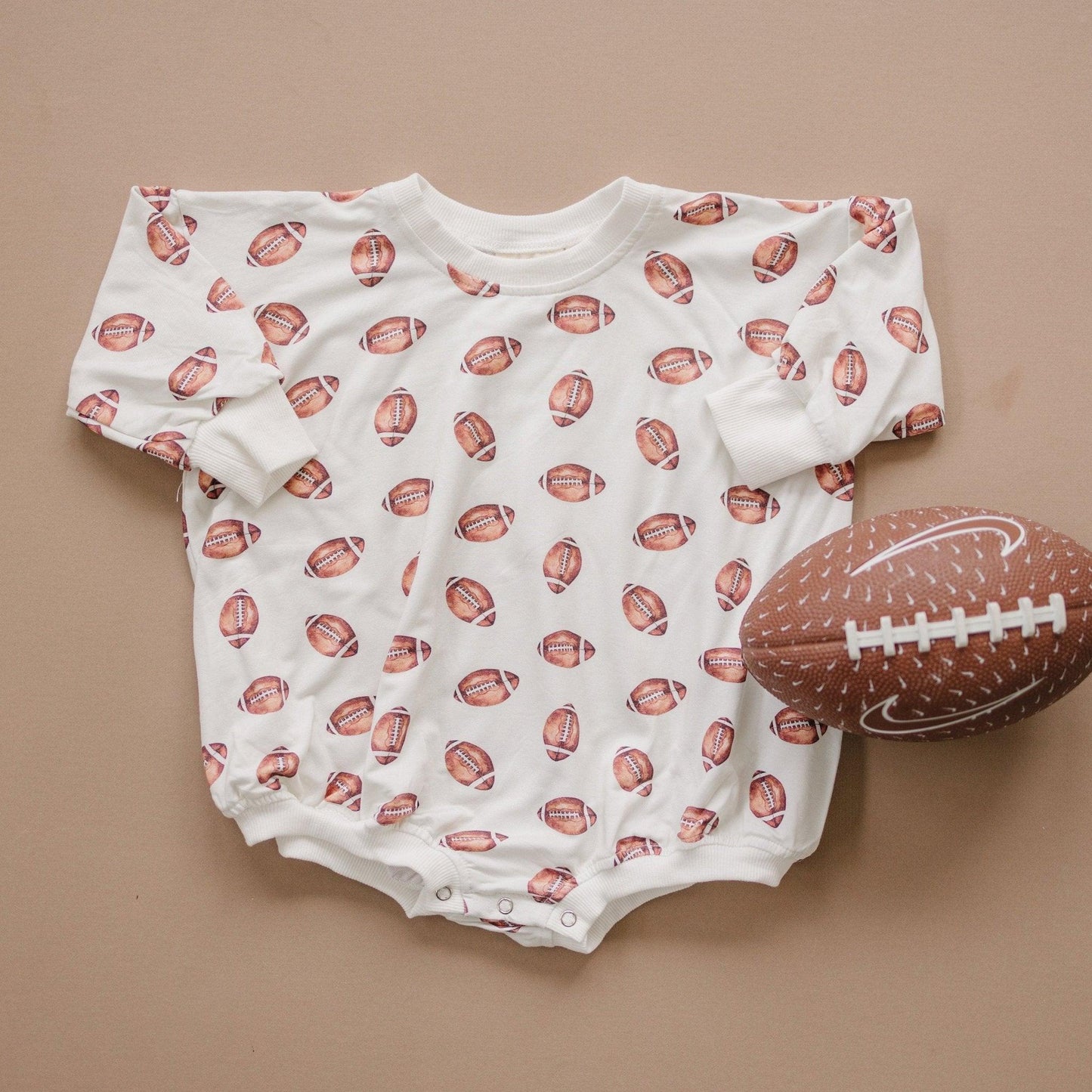 GAMEDAY PRESALE Football Print Bamboo Sweatshirt Bubble Romper *Early August