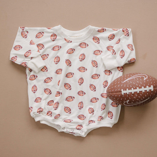 GAMEDAY PRESALE Football Print Bamboo Sweatshirt Bubble Romper *Early August