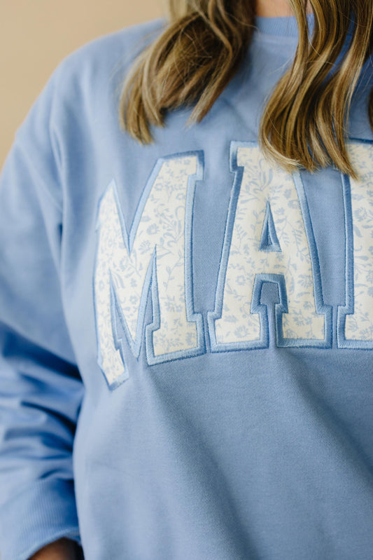 MAMA Applique Crewneck Sweatshirt - Blue Toile Print