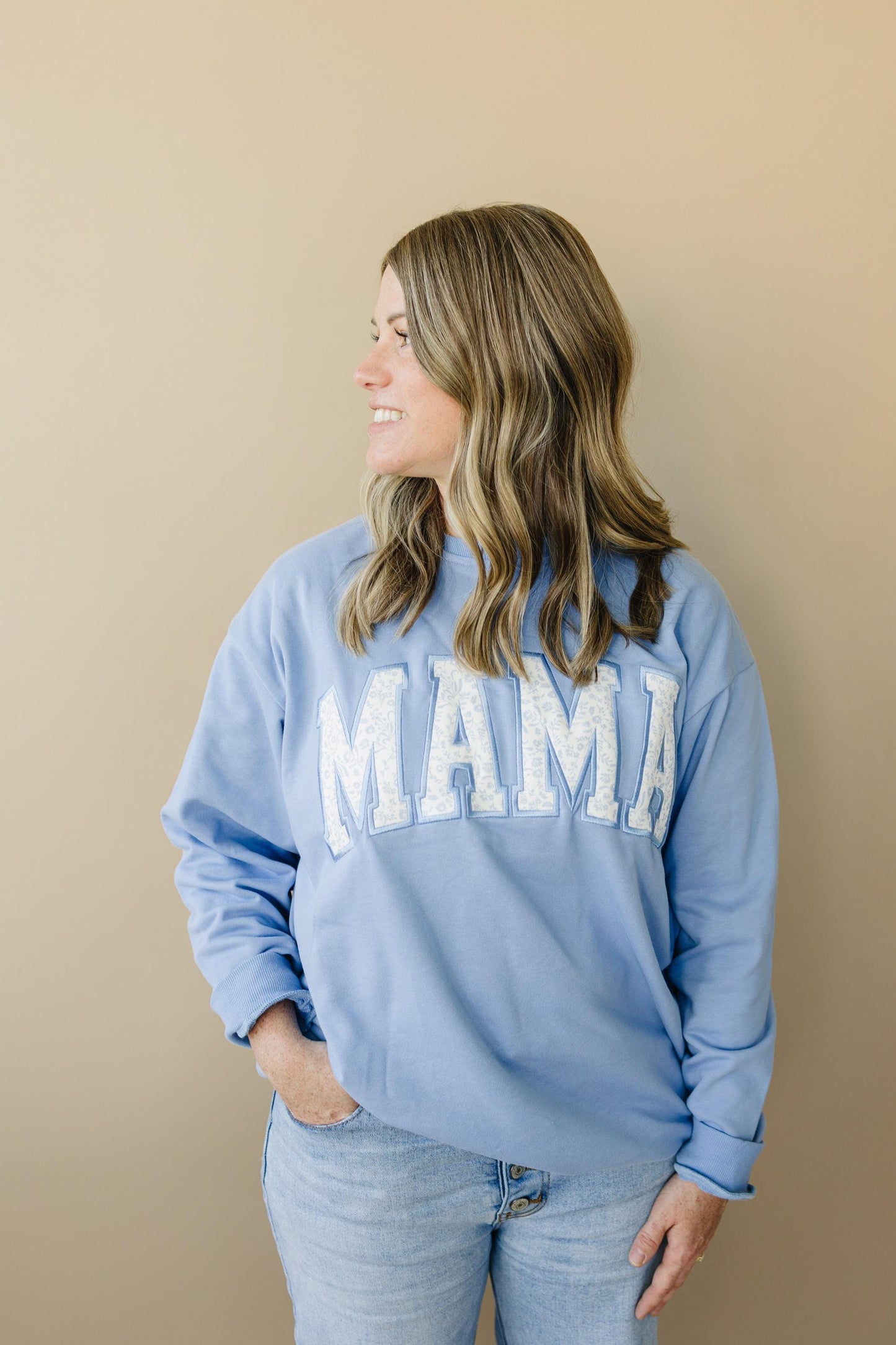 MAMA Applique Crewneck Sweatshirt - Blue Toile Print