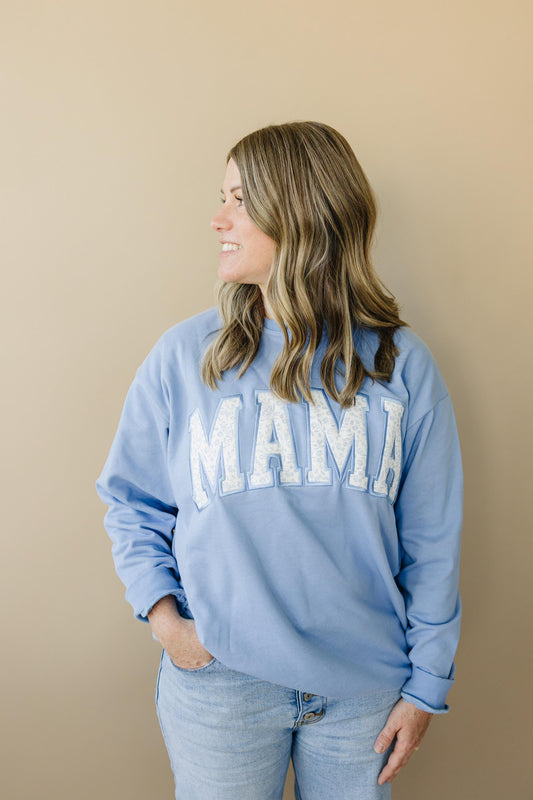 MAMA Applique Crewneck Sweatshirt - Blue Toile Print